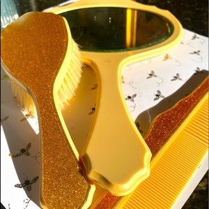 Art Deco 1920’s Gold Glitter Celluloid Goldaleur, Lr mirror , brush,comb.